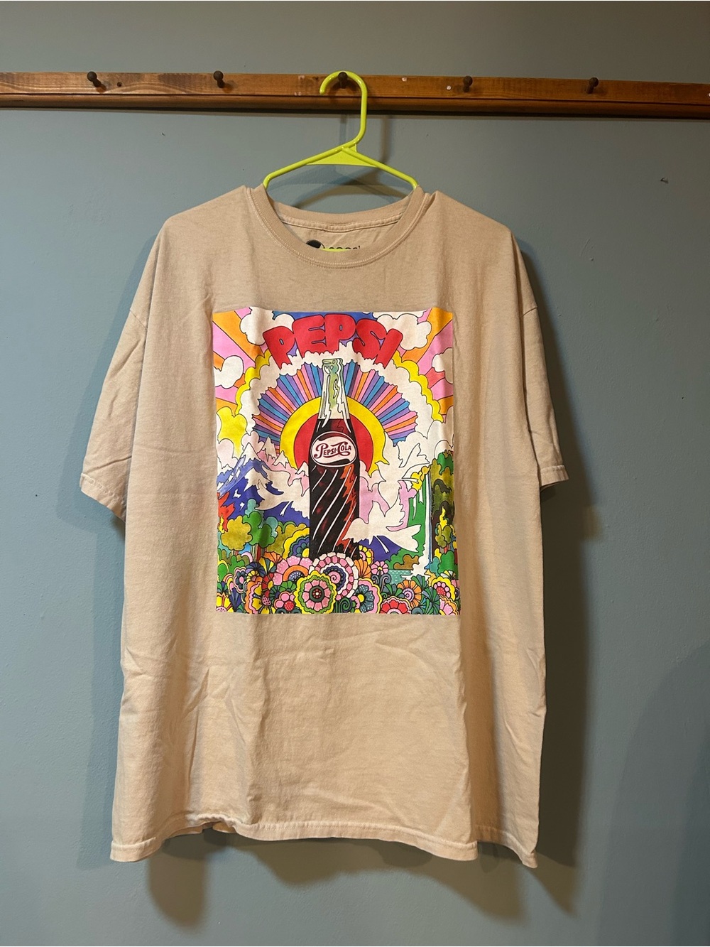 Pepsi Beige Tee with Multicolor Retro Bottle Graphic